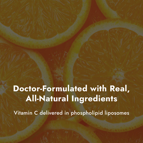 Liposomal-C Ingredients on sliced orange background