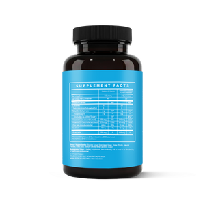 Supplement bottle with blue label on a white background
