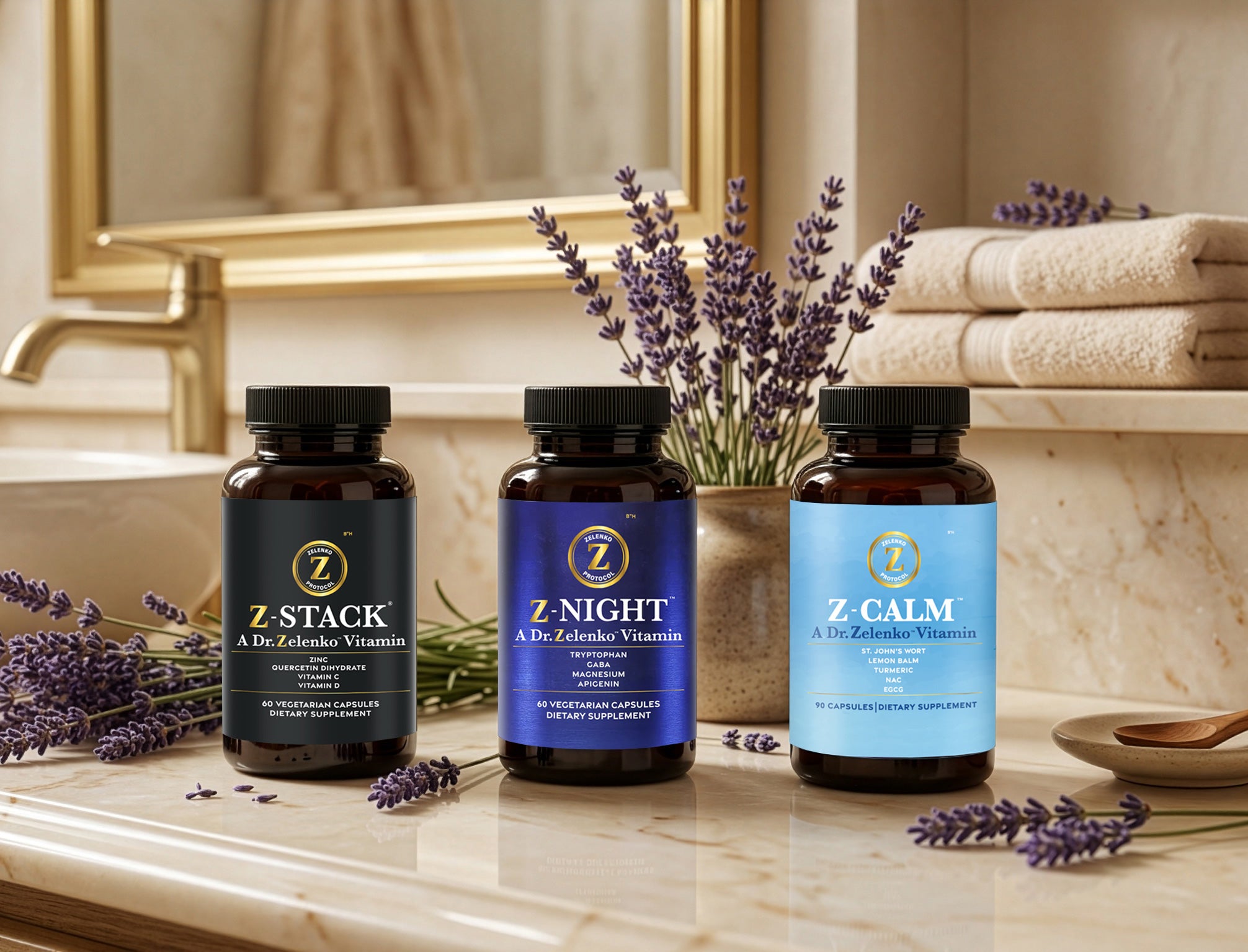 The Calm and Sleep Bundle in a bathroom setting